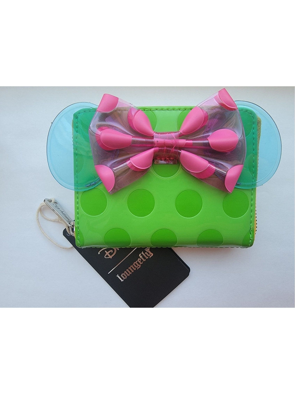 Loungefly Green Polka Dot Kids Wallet with Pink Bow and Blue Ears